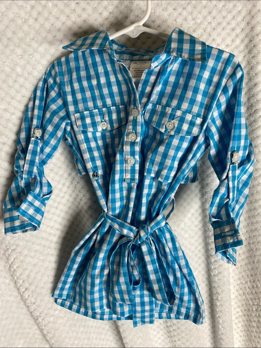 Prodoh Blue and White Gingham Button Down Shirt style dress with Waist Tie
